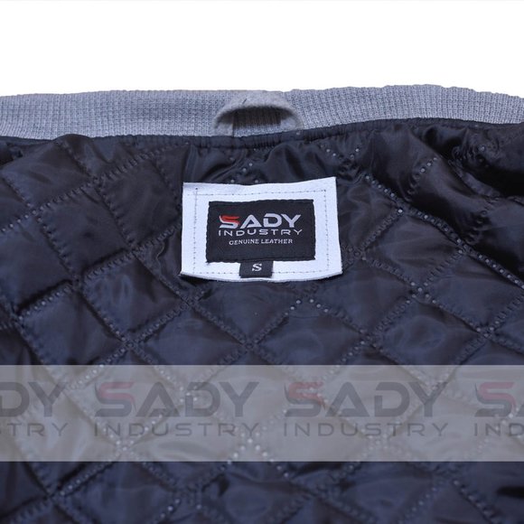 Bomber Jacket Varsity Letterman Baseball in Grey Wool and Genuine White Leather - Picture 4 of 8